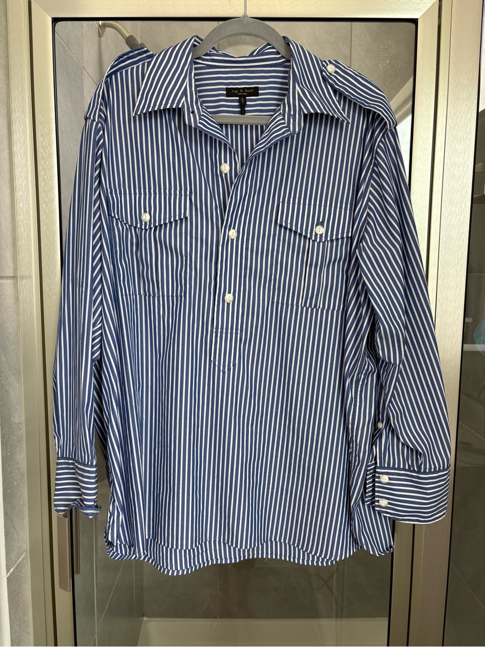 rag & bone Blue and White Vertical Stripe Button-Front Shirt